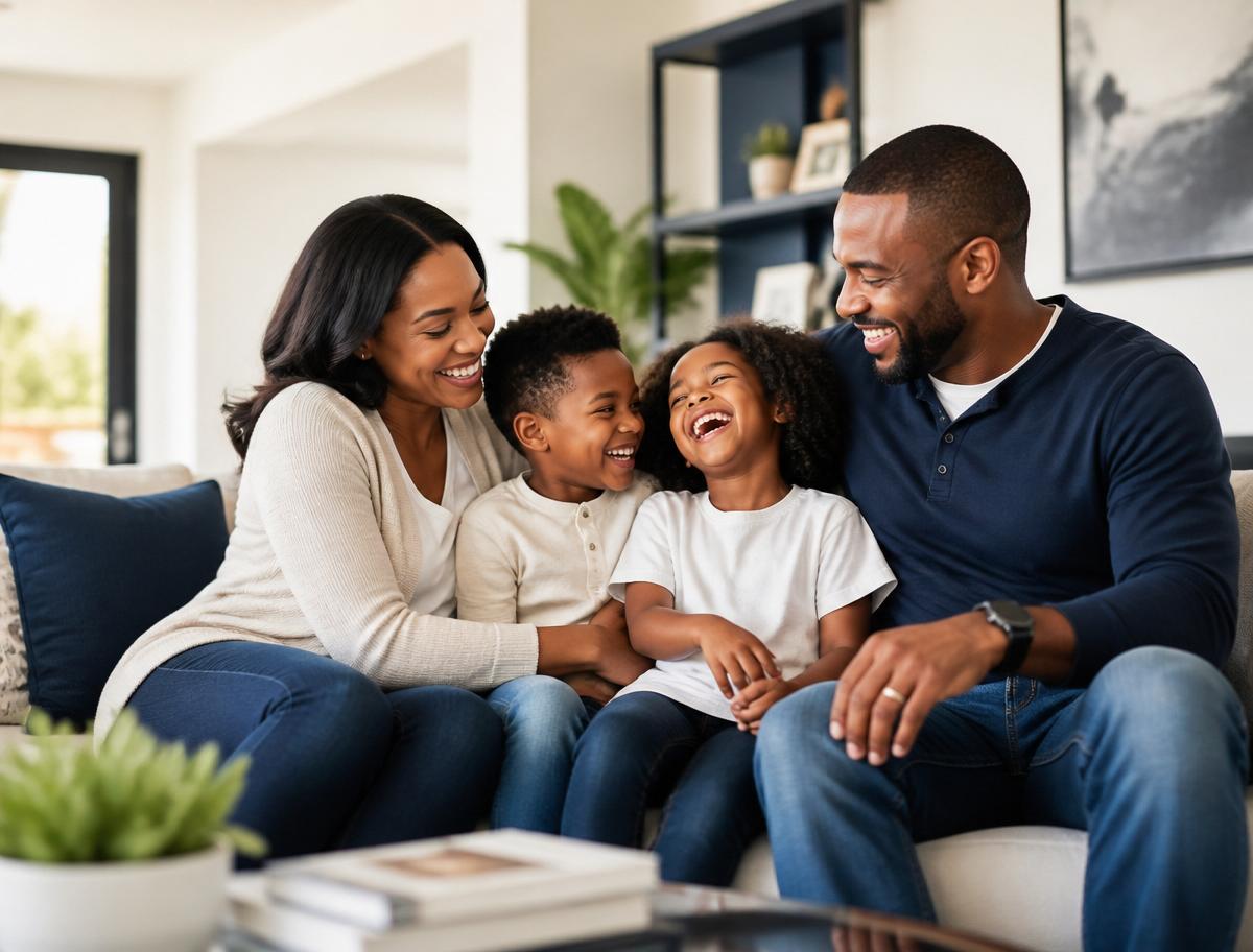 A happy African American family relaxing together in their living room