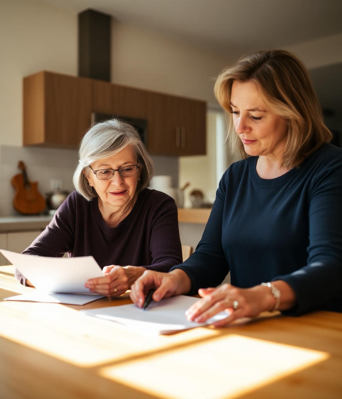 A mother and daughter reviewing Medicare paperwork at a sunlit kitchen table